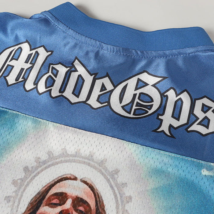 Blue Made Gpsr football jersey with Gothic logo and sacred Jesus graphic print on the chest