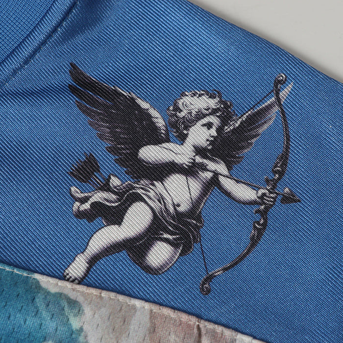 Blue football jersey featuring a black-and-white winged cherub archer graphic on textured fabric
