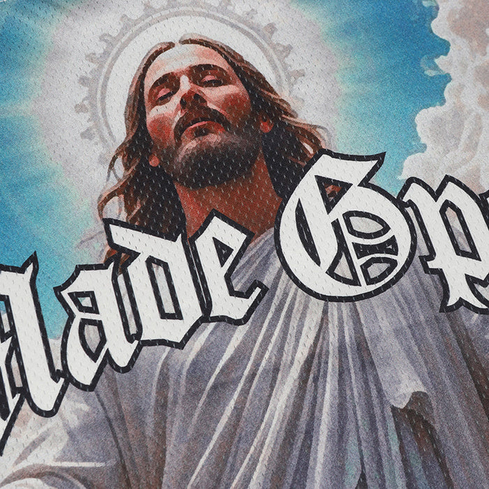 Blue graphic football jersey featuring a sacred art Jesus print with clouded sky background and bold white lettering