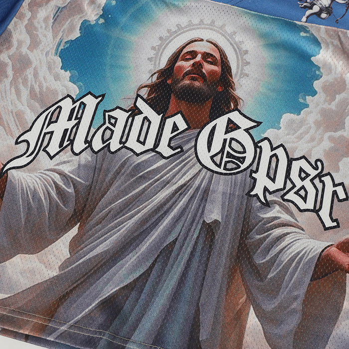 Blue football jersey featuring a Sacred Art Jesus graphic with outstretched arms and bold Made Gpsr lettering