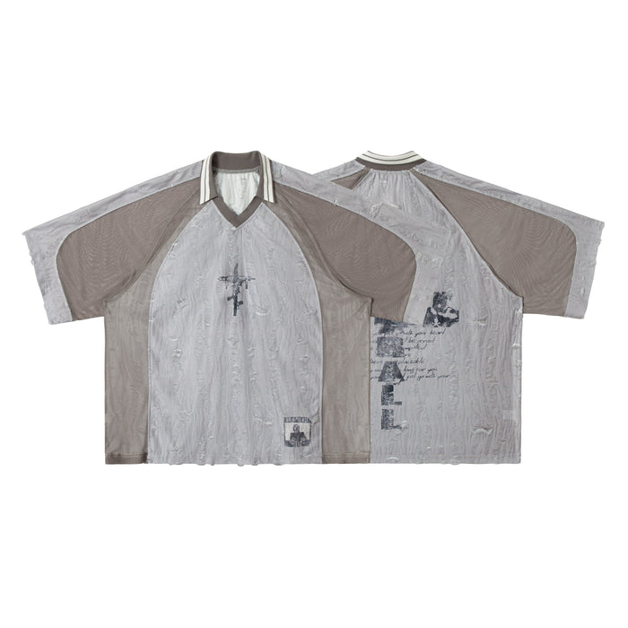 Front and back view of an oversized grey textured mesh patchwork tee with distressed surface and contrast ribbed V-neck colla