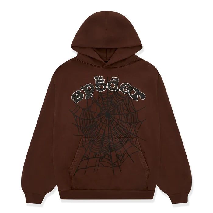 The Sp5der Web Hoodie – Mocha Brown 440GSM Heavyweight Streetwear Pullover features "spiders" in stylized white text above a large black spiderweb design, plus a front pocket and drawstring hood.