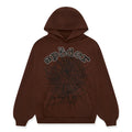 The Sp5der Web Hoodie – Mocha Brown 440GSM Heavyweight Streetwear Pullover features "spiders" in stylized white text above a large black spiderweb design, plus a front pocket and drawstring hood.