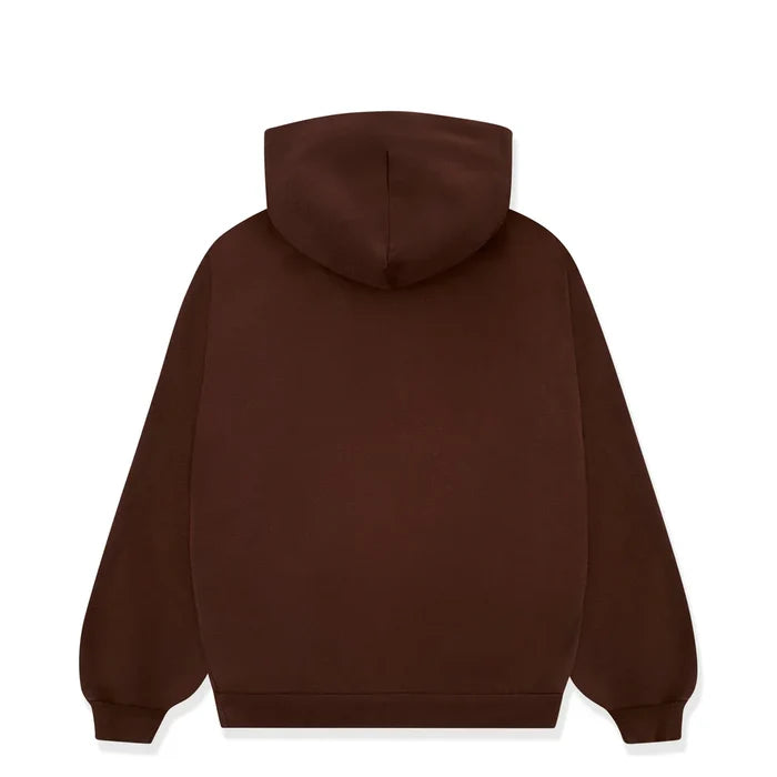 The Sp5der Web Hoodie – Mocha Brown 440GSM Heavyweight Streetwear Pullover features a hood and long sleeves, shown from the back against a white background—a perfect blend of comfort and streetwear style.