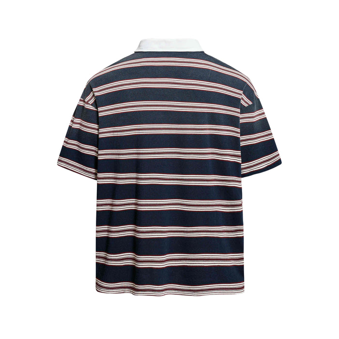 Navy striped rugby polo shirt with white collar and retro red-and-white horizontal stripes on the back