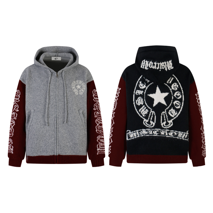 Heather grey and burgundy zip-up hoodie with star emblem on chest and gothic lettering on knit contrast sleeves, shown front