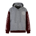 Gray knit zip hoodie with burgundy sleeves, front view, chest star emblem and ribbed hem