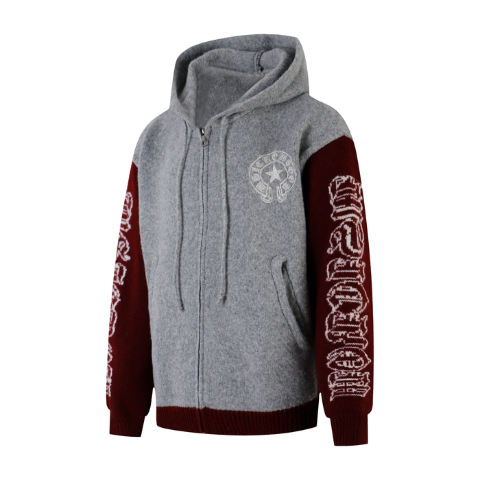 Gray knit zip hoodie angled front view with burgundy sleeves and white chest emblem
