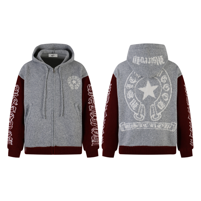 Front and back views of the gray and burgundy knit zip hoodie with white star graphics