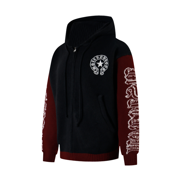 Black knit hoodie angled front view with burgundy sleeves and white chest emblem