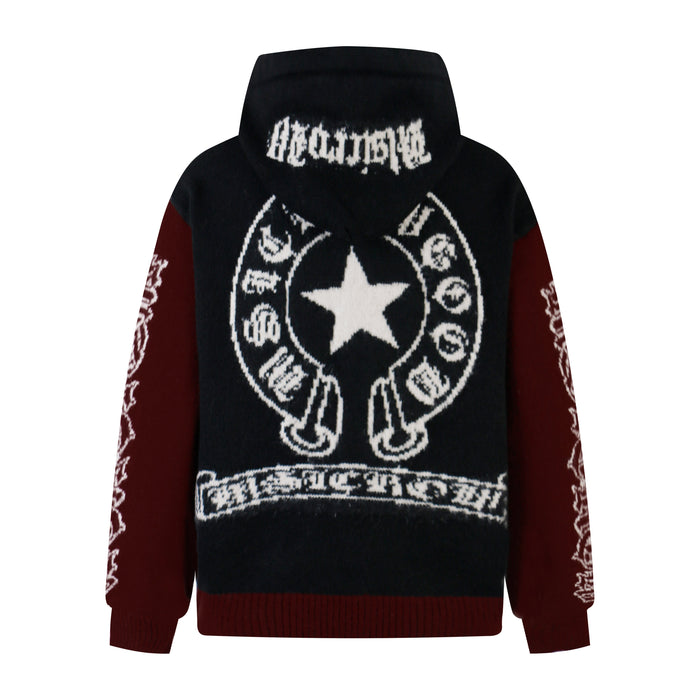 Back view of black knit hoodie with large white star graphic and burgundy sleeves