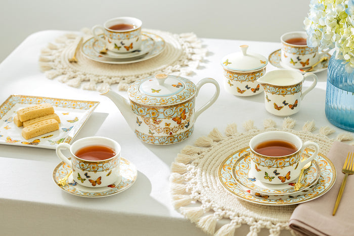 Grace Teaware Butterflies with Blue Ornament Fine Porcelain 11-piece Tea Set