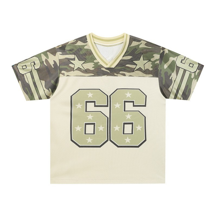 Camouflage performance football jersey with military star design and large 66 graphic on the front