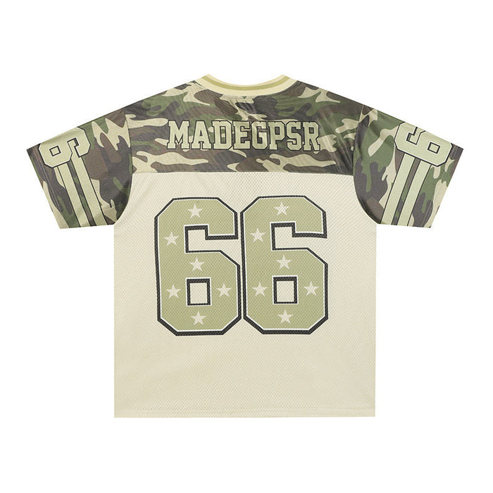 Camo football jersey with military star design, beige mesh body, camouflage shoulders, and large 66 graphic on back