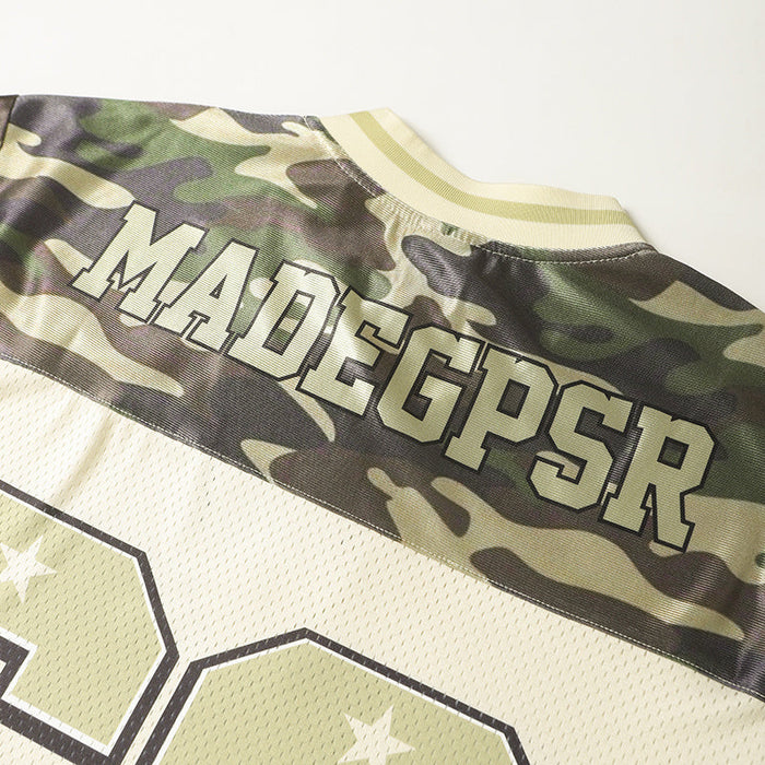 Camo performance football jersey with military-style star design and bold MADEGPSR lettering on the chest