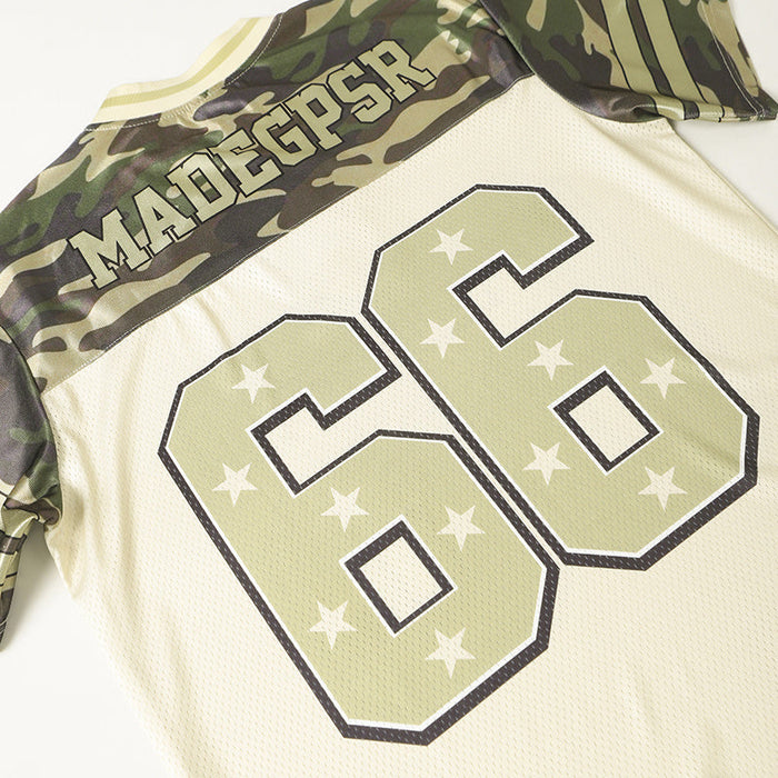 Camo performance football jersey with military star design, large 66 graphic, and MADERA on camouflage shoulders
