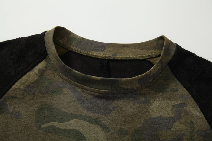 Close-up of ribbed crew neckline on camo patchwork long sleeve tee with black sleeve panels