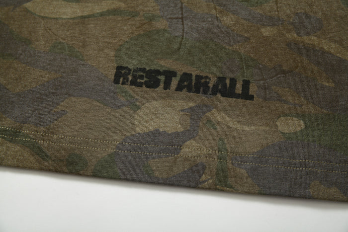 Close-up of back hem print reading RESTARALL on camo long sleeve tee