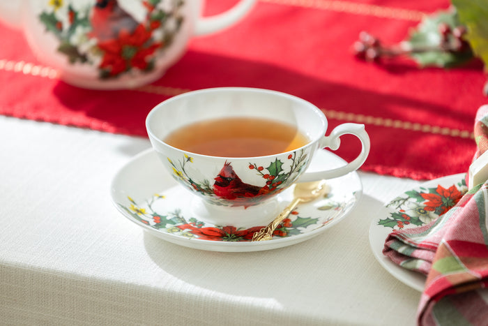 Stechcol Gracie Bone China Cardinal Poinsettia Bone China Cup and Saucer Set