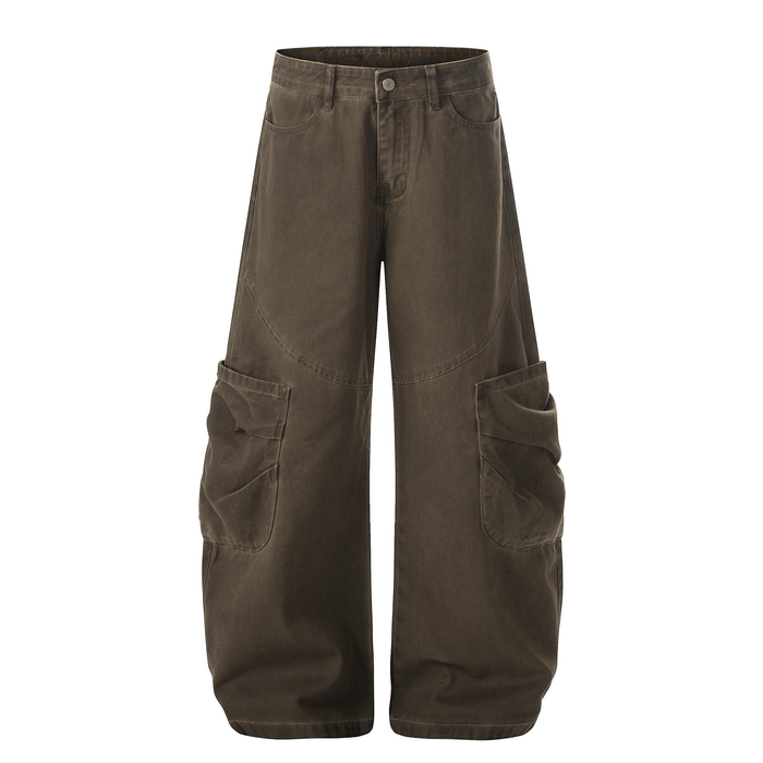 Front view of brown washed wide-leg cargo pants with snap waistband and flap leg pockets