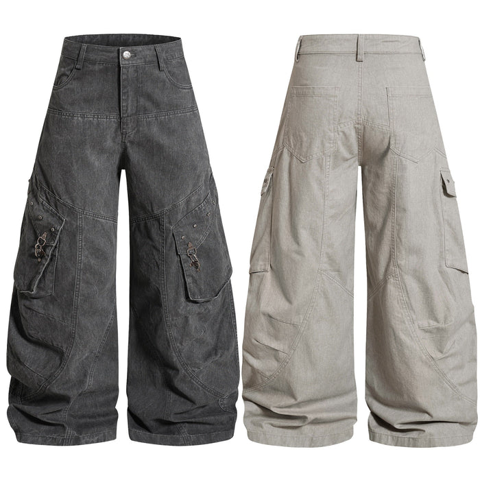 Utility balloon cargo pants in dark gray and beige, front and back views