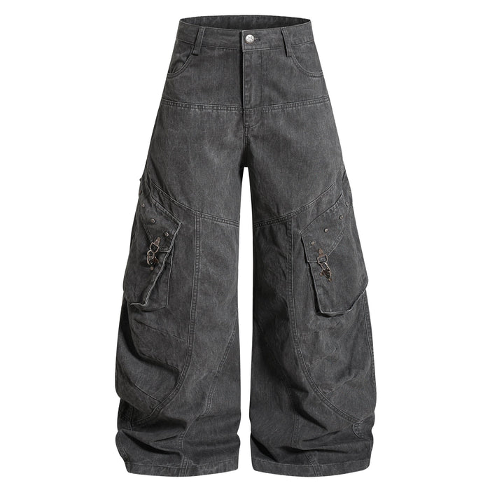 Dark gray utility balloon cargo pants, front view with wide legs and flap pockets