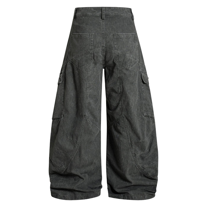 Dark gray cargo pants, back view with wide legs and side pockets
