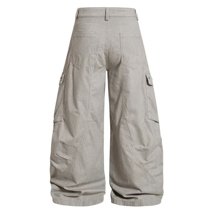 Beige cargo pants, back view with wide legs and side pockets