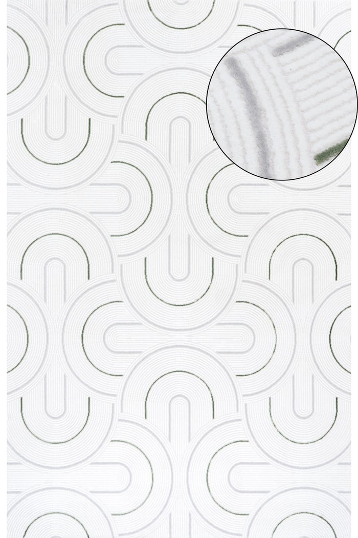 geometric design sage green colour rug, rectangular and runner shapes, high quality materials, soft and textured pile, easy to clean rug.