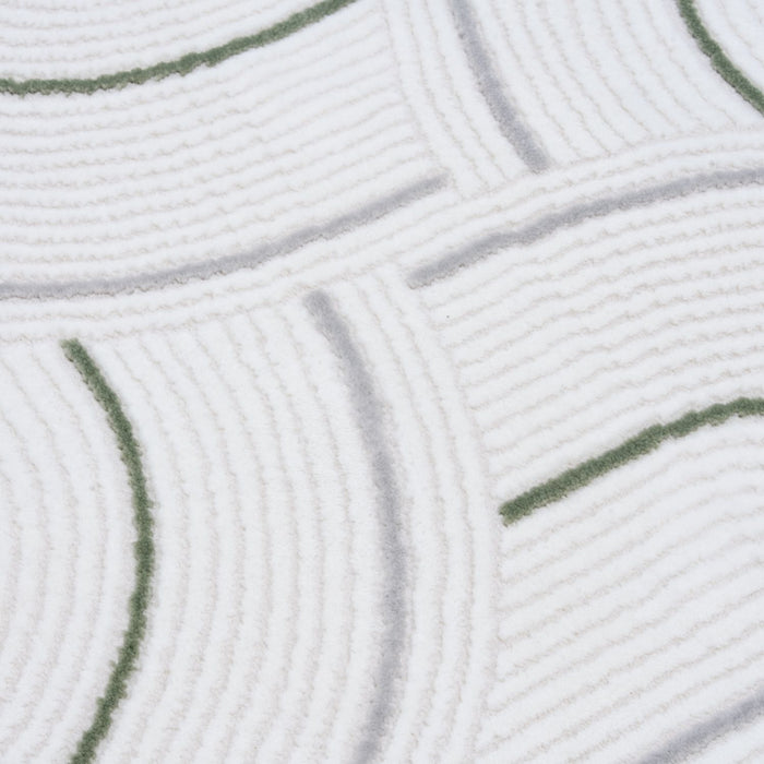 geometric design sage green colour rug, rectangular and runner shapes, high quality materials, soft and textured pile, easy to clean rug.