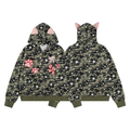 Front and back view of a green camo zip hoodie with pink 3D cat ears, white star print, and embroidered paw patches