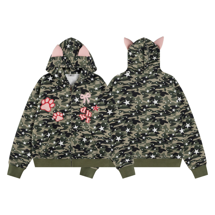 Front and back view of a green camo zip hoodie with pink 3D cat ears, white star print, and embroidered paw patches