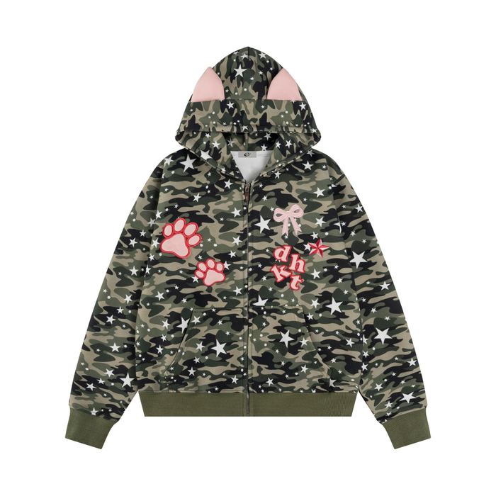 Front view of camo zip hoodie with star print, cat ear hood, paw patches, and pink lettering