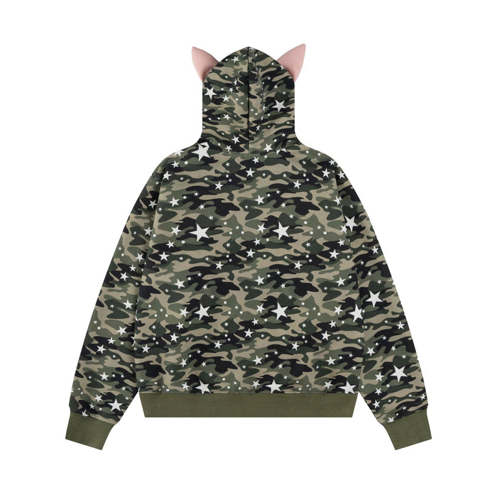 Back view of camo zip hoodie with star print and cat ear hood