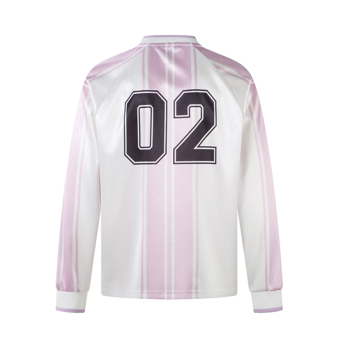 Back view of a white long sleeve jersey top with pink retro stripes and large black 02 graphic