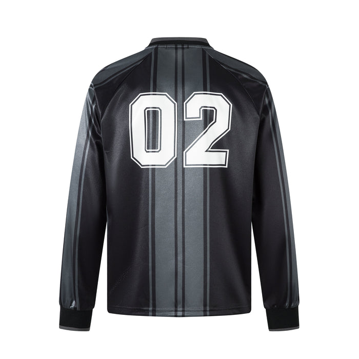 Back view of a black long sleeve jersey top with gray retro stripes and large white 02 graphic