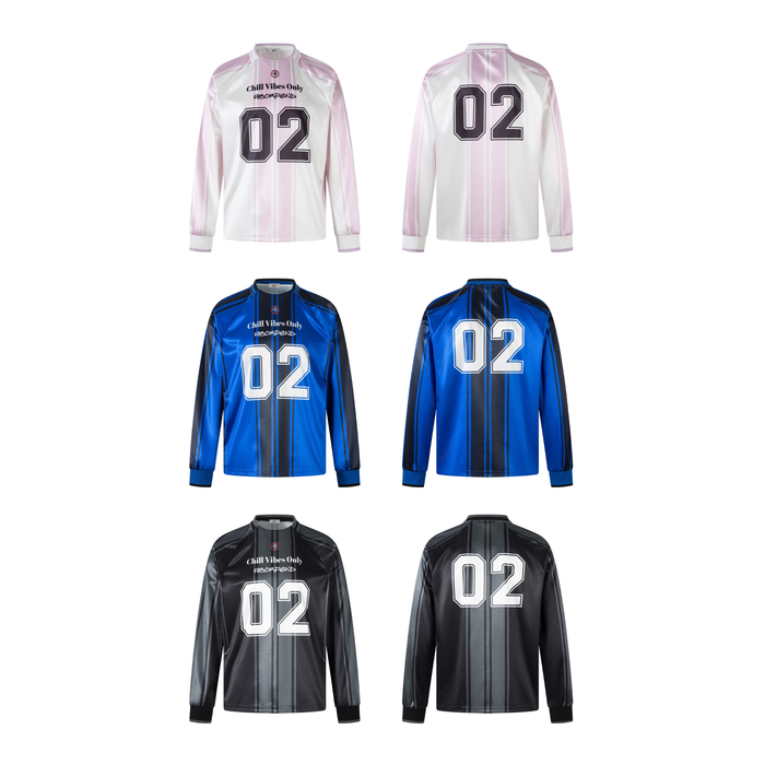 Three colorways of the long sleeve jersey top shown front and back with 02 graphic