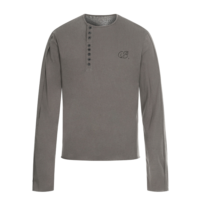 Brown long sleeve Henley T-shirt with button placket, front view