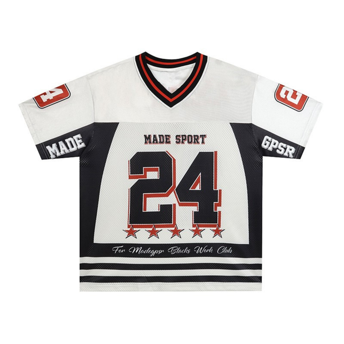 White and black varsity football jersey with red accents, number 24, and bold streetwear graphics on the front