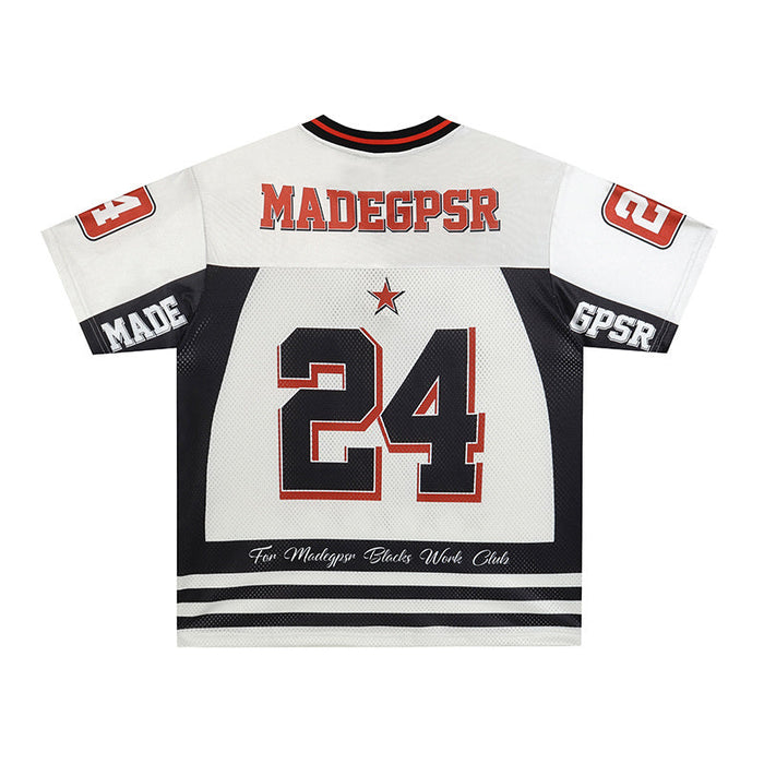 Black and white football jersey with red accents, oversized 24 number, and varsity-style MADEGPSR lettering on the back