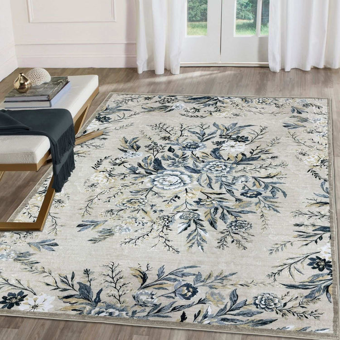 The Rugs Classical Winter Bloom Rug - Cream & Blue Floral
