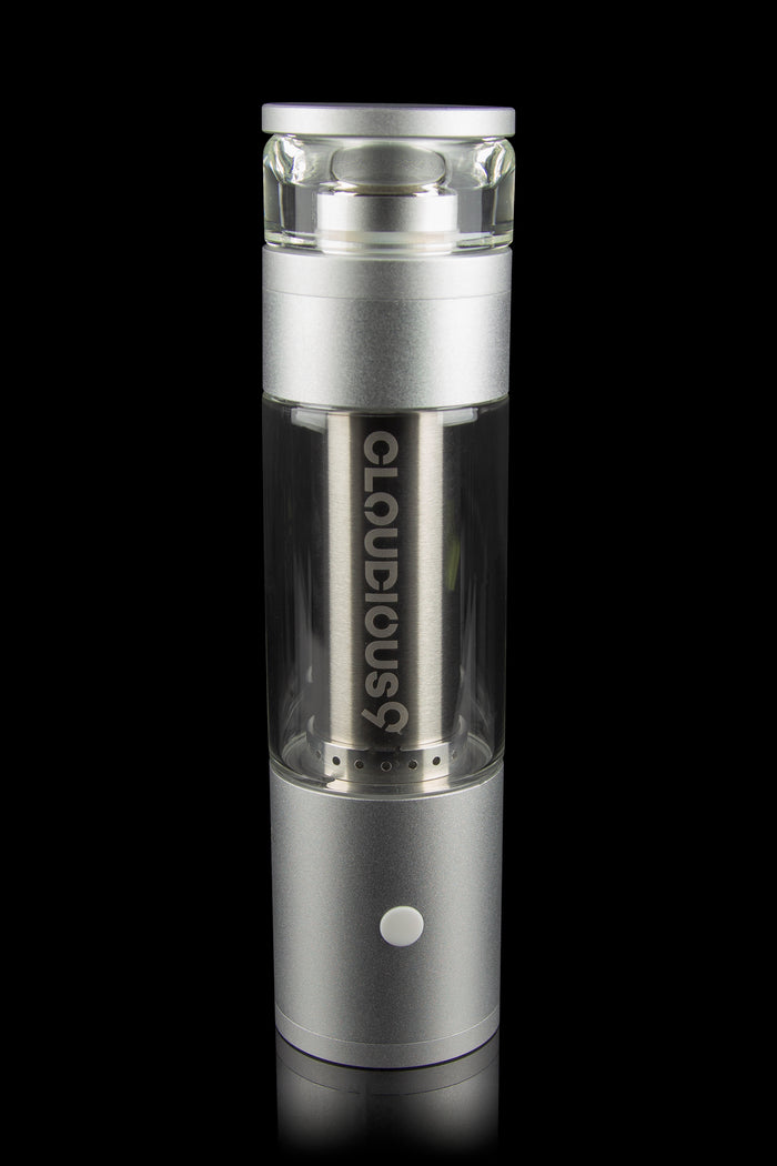 Silver cannabis e-rig with glass bubbler, labeled “Cloudious9.”