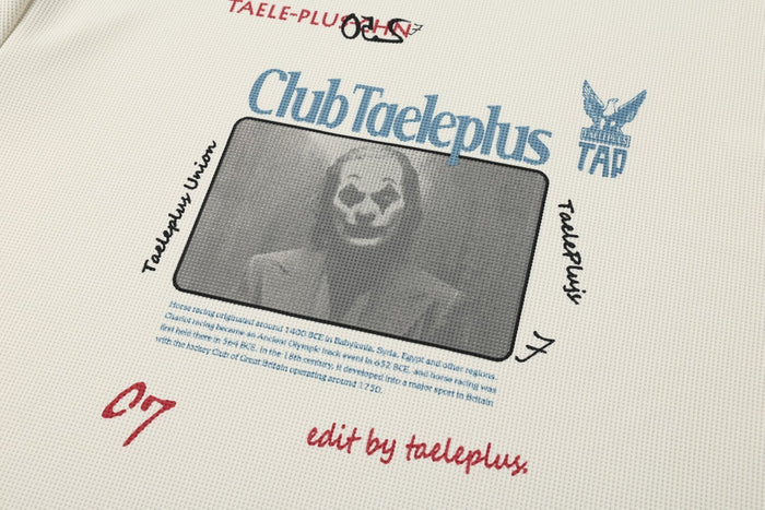 Front graphic detail with Club Taeleplus text and grayscale portrait