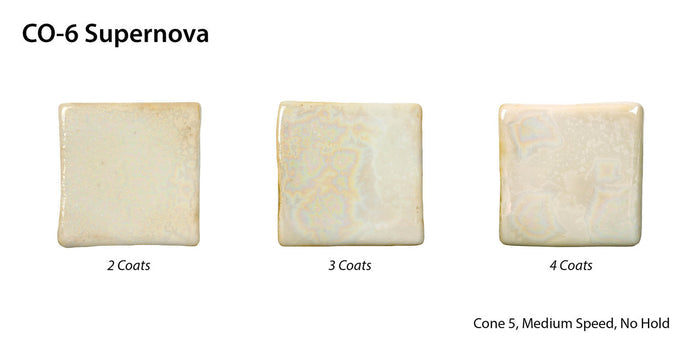 CO-6 Supernova glaze on three tiles at 2, 3 and 4 coats, cone 5, creamy white with iridescent frost