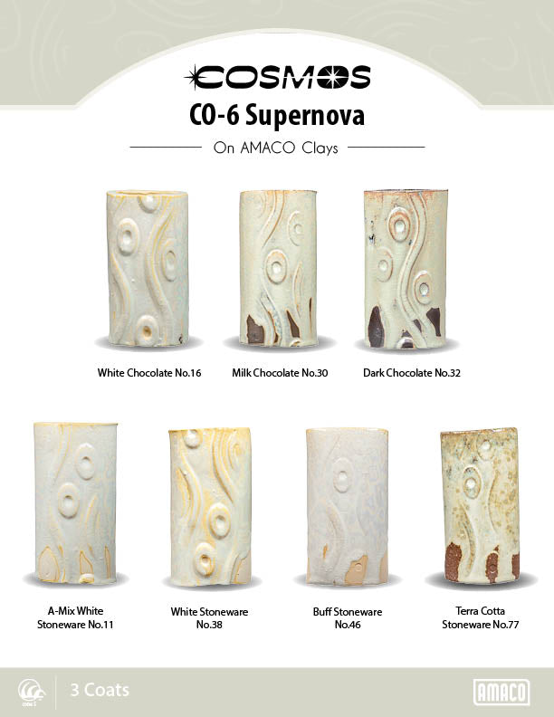 CO-6 Supernova glaze, 3 coats, on seven Amaco clay test cylinders from White Chocolate to Terra Cotta Stoneware