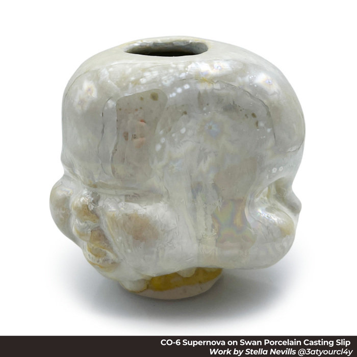 Rounded vessel in CO-6 Supernova glaze on Swan Porcelain Casting Slip, pearly white with iridescent crystals