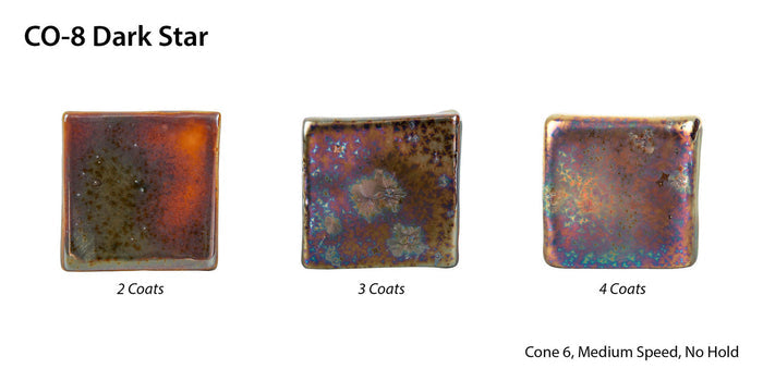 Amaco CO-8 Dark Star glaze at 2, 3 and 4 coats on three test tiles, cone 6, from amber-brown to iridescent purple