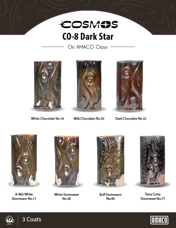 Amaco CO-8 Dark Star glaze, 3 coats, on seven Amaco clay bodies from White Chocolate to Terra Cotta Stoneware
