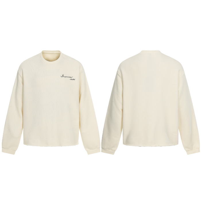 Front and back views of cream textured sweatshirt with small chest graphic