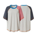 Relaxed fit raglan t-shirt with navy and pink contrast stripe sleeves, blue ribbed crewneck, and orange stitching on white ba